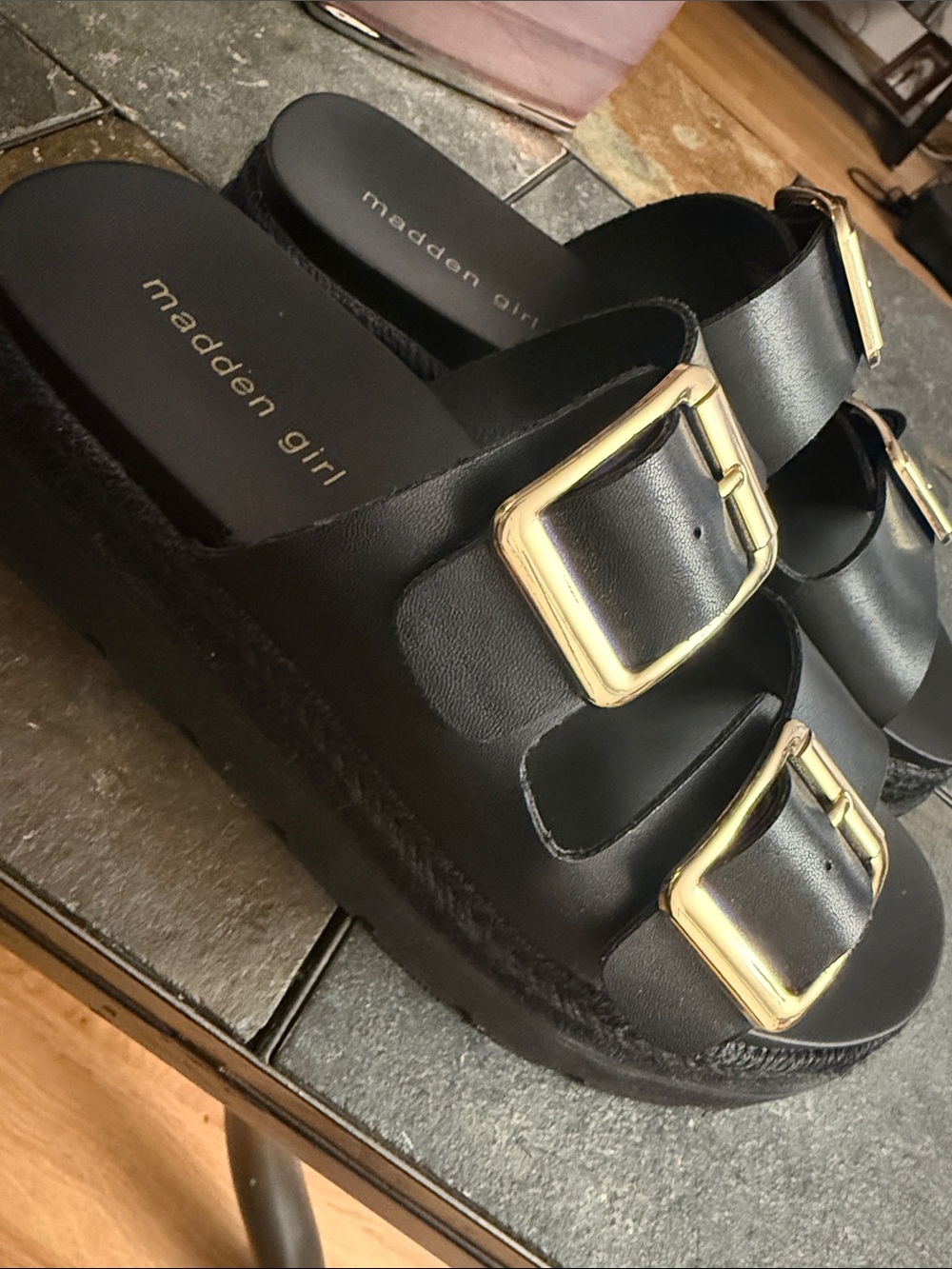 Madden Girl Black Platform Slide Sandals with Gold Buckles - size 9